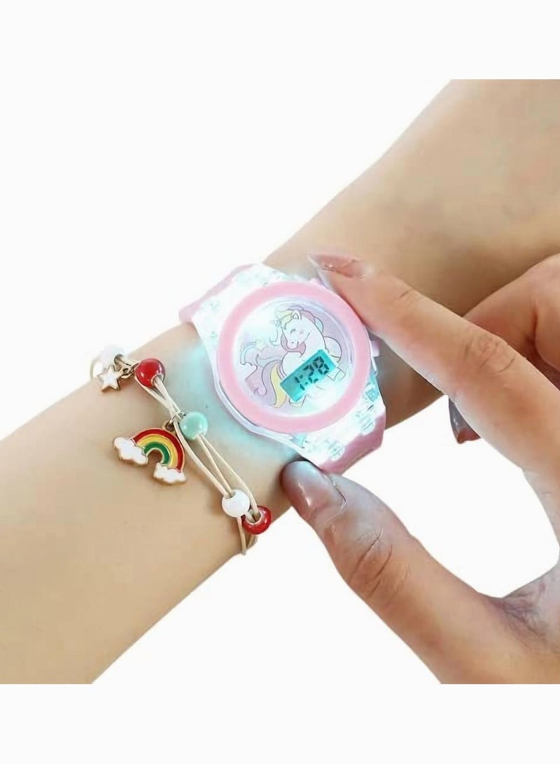 Zikra Unicorn Watch Bracelet Set 1 Set Unicorn Watch and Rainbow Beads Bracelet Pink Luminous 3D lovely Cartoon Silicone Children Toddler Wrist Watch Bangle for Kids Girls Little Child - Image 1