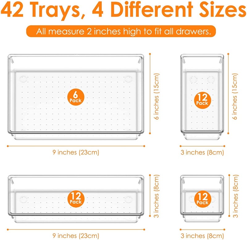 Snazzy 42 PCS Clear Plastic Drawer Organizer Set, Non-Slip/Crack Bathroom Vanity Drawer Organizer Trays Dividers, Versatile Storage Bins for Makeup, Jewelry and Office, Desk, Bathroom itchen - Image 4