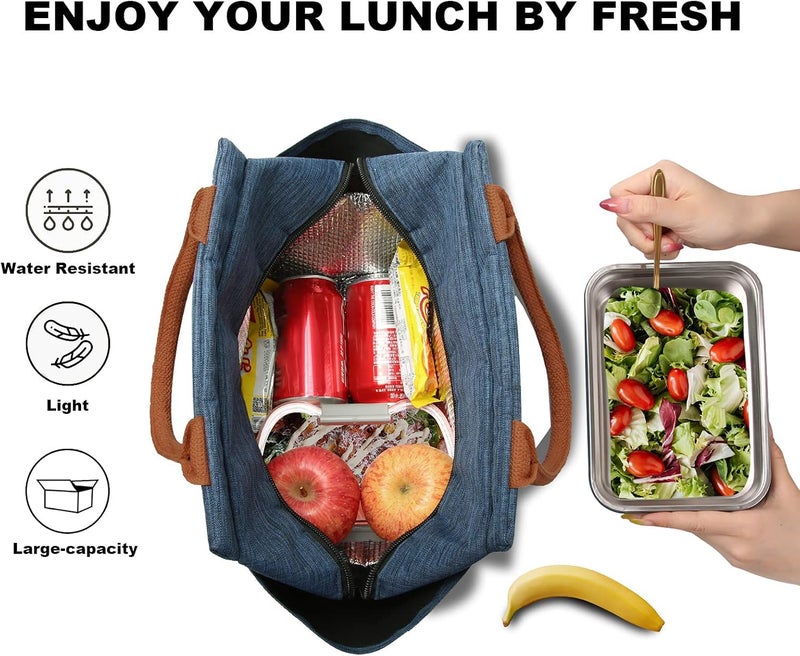Joymee Lunch Bag Women Insulated Lunch Box Reusable Leakproof Large Spacious Tote for Women Men Adult with Bottle Holder and Side Pockets for Work Picnic Travel - Navy Blue - Image 3