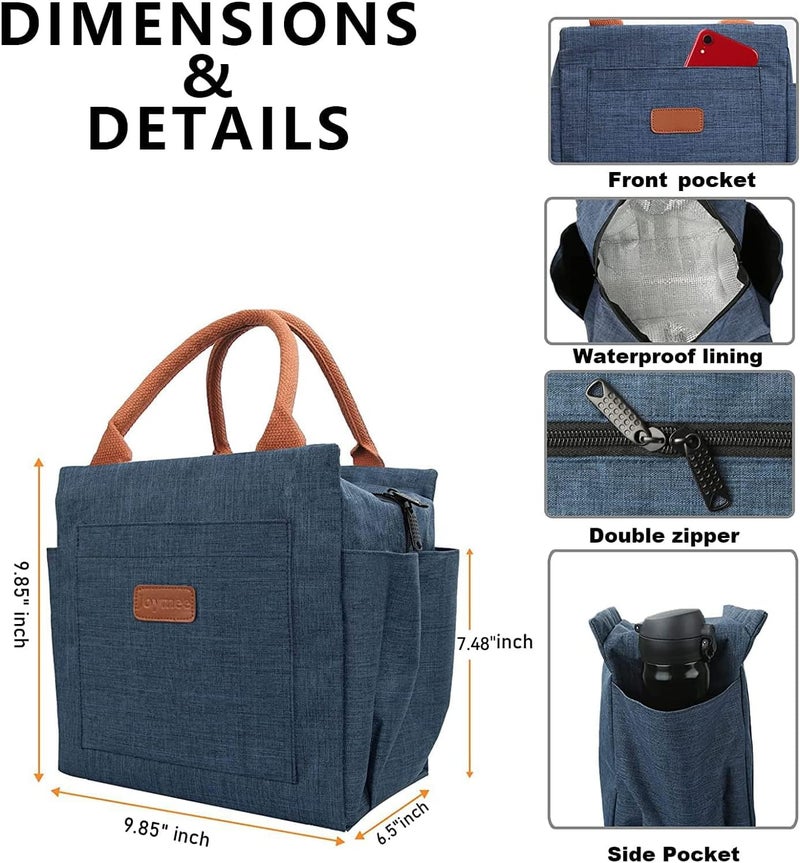 Joymee Lunch Bag Women Insulated Lunch Box Reusable Leakproof Large Spacious Tote for Women Men Adult with Bottle Holder and Side Pockets for Work Picnic Travel - Navy Blue - Image 2
