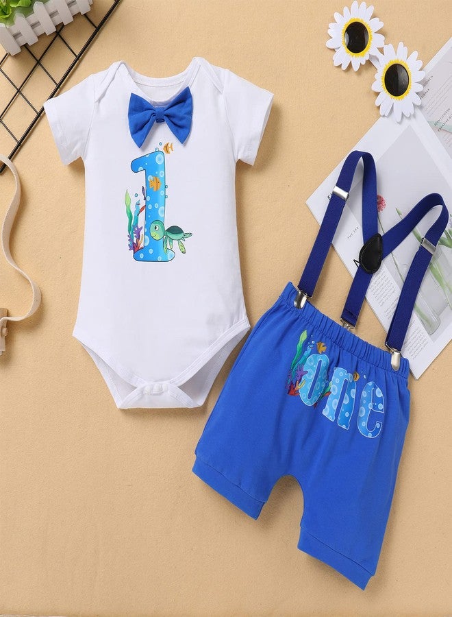 ODASDO Baby Boy Ocean Theme My First 1st Birthday Smash Cake Outfit Under the Sea Party Supplies Bow Tie Romper Shorts Suspenders 3pcs Set for Baby Shower One Year Old Photo Shooting Royal Blue Turtle 1T - Image 2