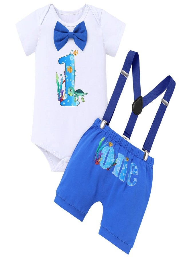 ODASDO Baby Boy Ocean Theme My First 1st Birthday Smash Cake Outfit Under the Sea Party Supplies Bow Tie Romper Shorts Suspenders 3pcs Set for Baby Shower One Year Old Photo Shooting Royal Blue Turtle 1T - Image 1