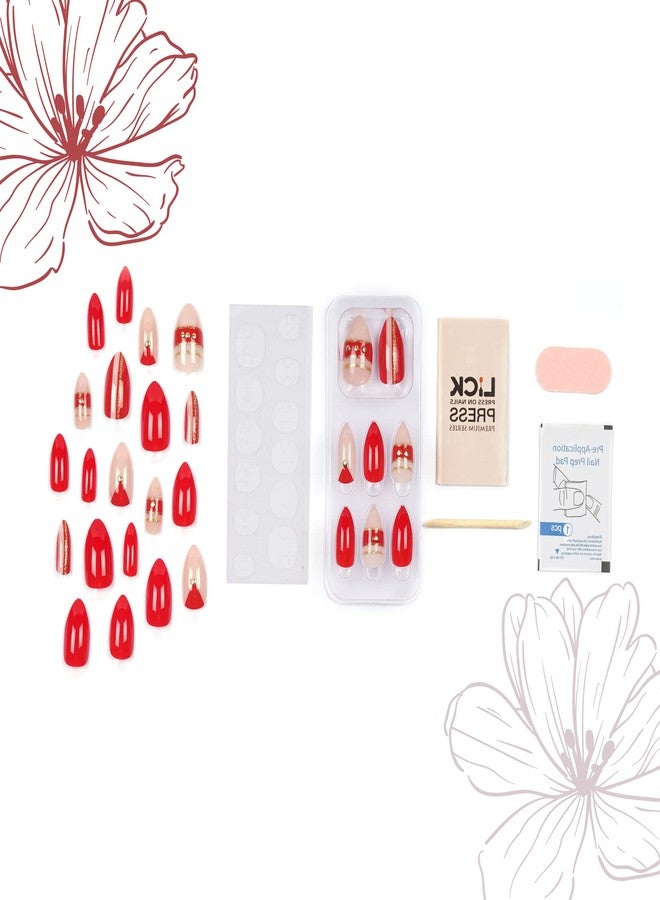 ليك أظافر صناعية قابلة للضغط من ليك - 28 قطعة، أظافر صناعية فرنسية مدببة قابلة لإعادة الاستخدام، لون أحمر مع قاعدة وردية فاتحة ومدببة مرصعة (عبوة من 28 قطعة) - Image 4