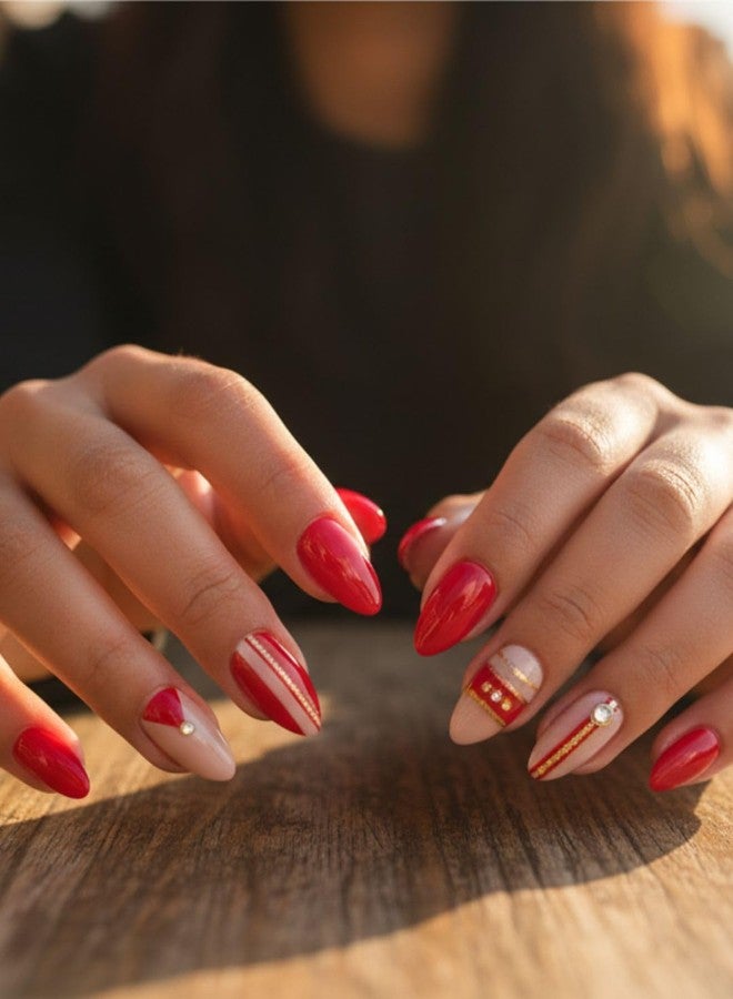 ليك أظافر صناعية قابلة للضغط من ليك - 28 قطعة، أظافر صناعية فرنسية مدببة قابلة لإعادة الاستخدام، لون أحمر مع قاعدة وردية فاتحة ومدببة مرصعة (عبوة من 28 قطعة) - Image 1