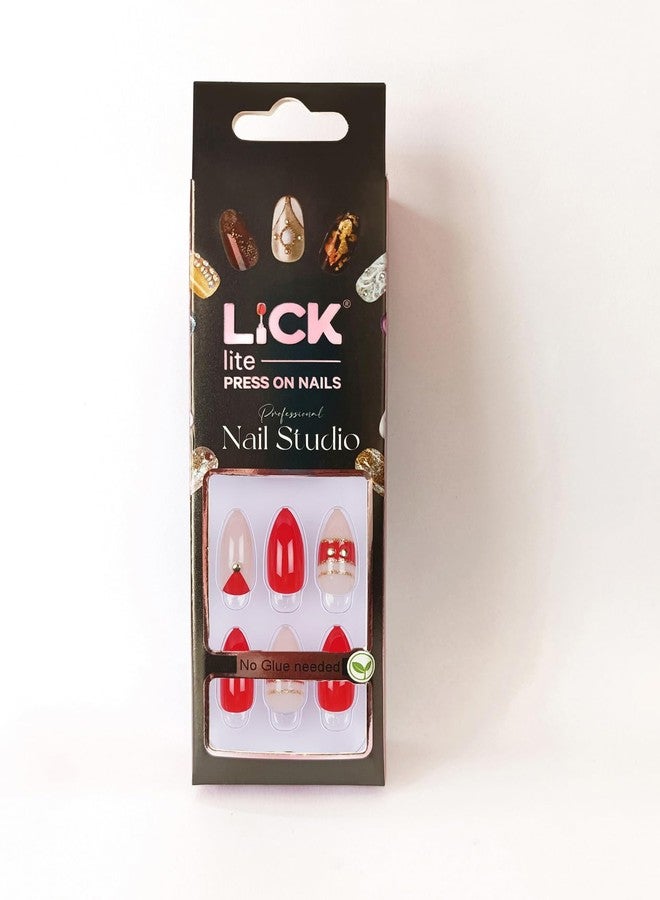 ليك أظافر صناعية قابلة للضغط من ليك - 28 قطعة، أظافر صناعية فرنسية مدببة قابلة لإعادة الاستخدام، لون أحمر مع قاعدة وردية فاتحة ومدببة مرصعة (عبوة من 28 قطعة) - Image 5