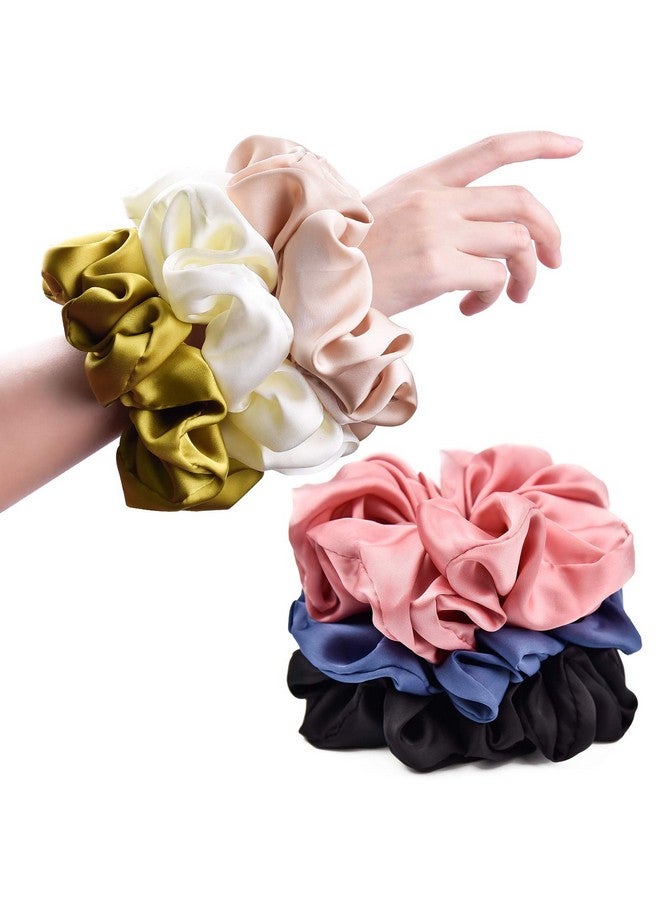 CEELGON Big Real Silk Scrunchies for Women 6.3Inches Large Scrunchie Satin Oversized Silk Thick Elastic Hair Ties Jumbo Hair Scrunchies 6 Pack (Black,White,Pink, Champagne,Navy,Yellow) - Image 1
