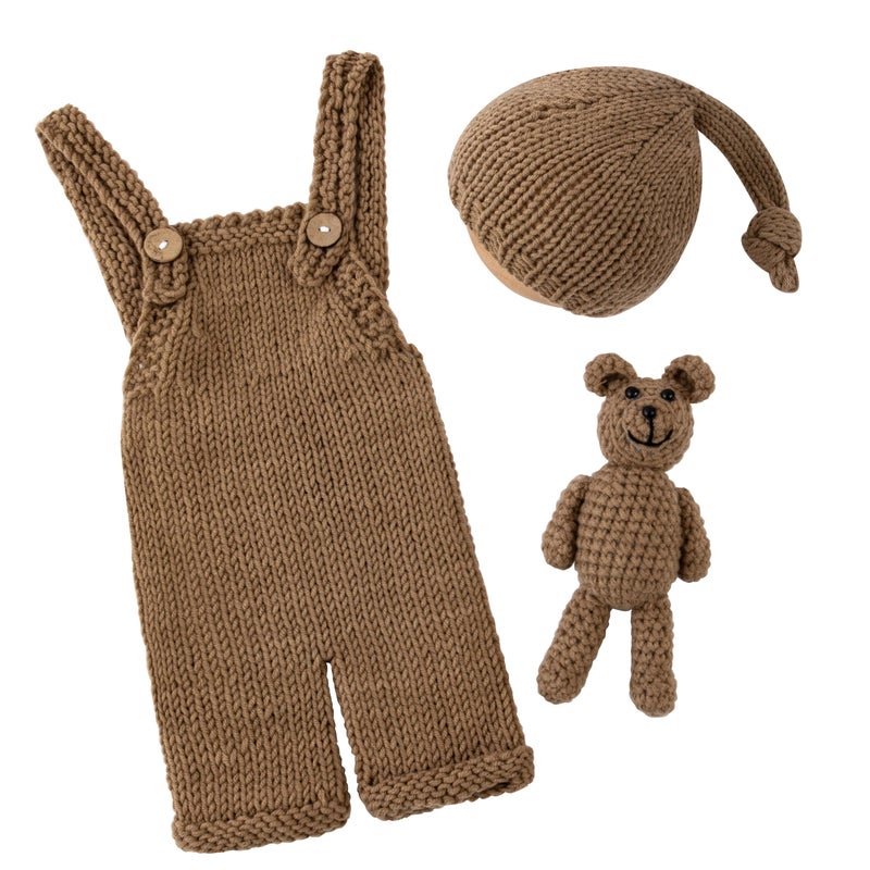 Vemonllas Newborn Photography Outfits Boys Girls Photoshoot Props Baby Photo Props Crochet Bear Hat Romper Costume Set (Camel) - Image 2