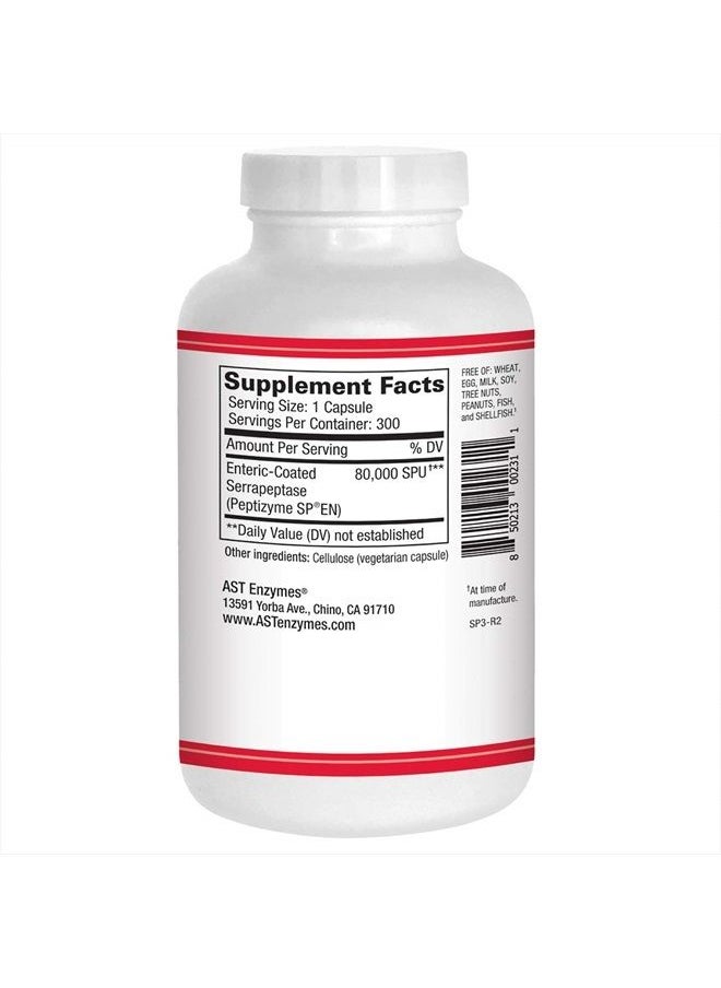 AST Enzymes - Serrapeptase 80,000 SPU – 300 Vegetarian Capsules - Premium Natural Systemic Enzymes – Enteric-Coated Serrapeptase - Image 1
