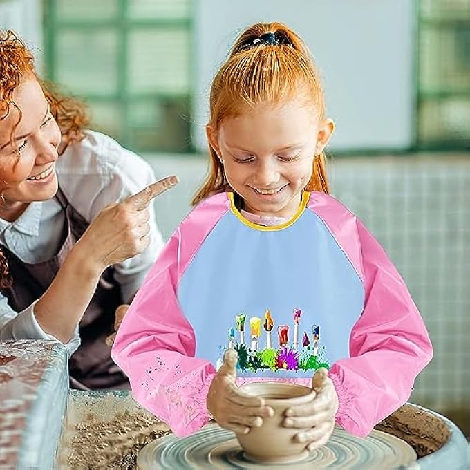 Azonee مآزر فنية للأطفال ، 2 قطعة ساحة طلاء للأطفال بأكمام طويلة مقاومة للماء ، للأطفال الذين تتراوح أعمارهم بين 5-12 عاما مدوكة فنية للأطفال مع جيب للرسم والطبخ والأكل ، ومآزر الرسم للفنان (وردي + أزرق) - Image 4