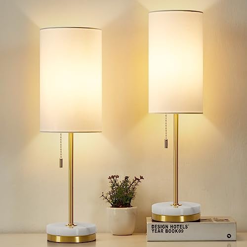 Luvkczc Desk Lamp & Table Lamp Set of 2, Bedside Lamps for Night Stands - Modern Small Table Lamps with Marble Base, Fabric Shade, Mini Pull Chain Bedroom Lamps for Living Room, Office, Reading (Gold) - Image 1