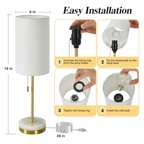 Luvkczc Desk Lamp & Table Lamp Set of 2, Bedside Lamps for Night Stands - Modern Small Table Lamps with Marble Base, Fabric Shade, Mini Pull Chain Bedroom Lamps for Living Room, Office, Reading (Gold) - Image 3