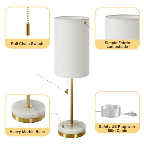 Luvkczc Desk Lamp & Table Lamp Set of 2, Bedside Lamps for Night Stands - Modern Small Table Lamps with Marble Base, Fabric Shade, Mini Pull Chain Bedroom Lamps for Living Room, Office, Reading (Gold) - Image 5
