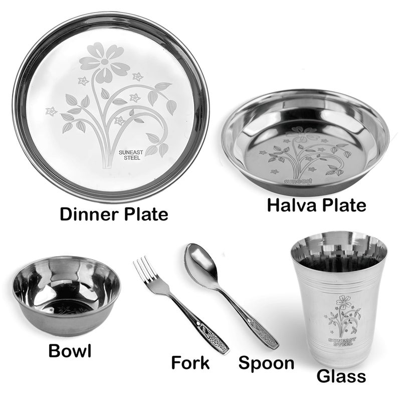 Suneast Steel Stainless Steel Laser Printed Dinner Set | Bartan Set | Steel Kitchen Set for Home | (Set of 24 - Serves 4 - Floral Design) - Image 2