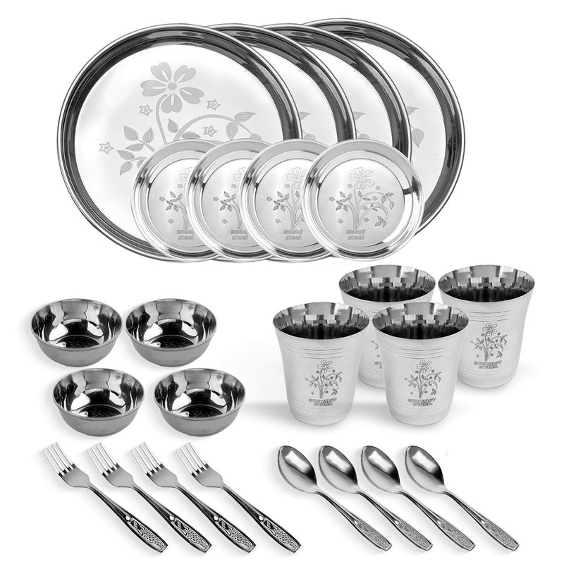Suneast Steel Stainless Steel Laser Printed Dinner Set | Bartan Set | Steel Kitchen Set for Home | (Set of 24 - Serves 4 - Floral Design) - Image 1