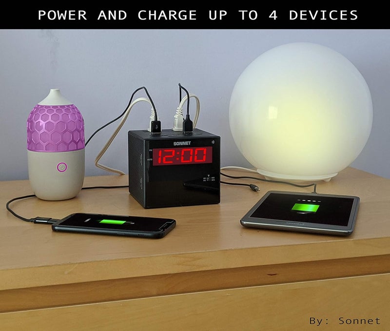 Ken-Tech Sonnet Alarm Clock Charging Station, Bluetooth Speaker, AM FM Radio, Dual USB Charging Ports, Dual AC Outlets, Very Loud Alarm Clock for Heavy Sleepers and The Hearing Impaired for Desk, Bedroom - Image 2