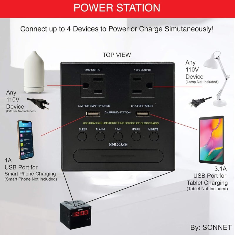Ken-Tech Sonnet Alarm Clock Charging Station, Bluetooth Speaker, AM FM Radio, Dual USB Charging Ports, Dual AC Outlets, Very Loud Alarm Clock for Heavy Sleepers and The Hearing Impaired for Desk, Bedroom - Image 3
