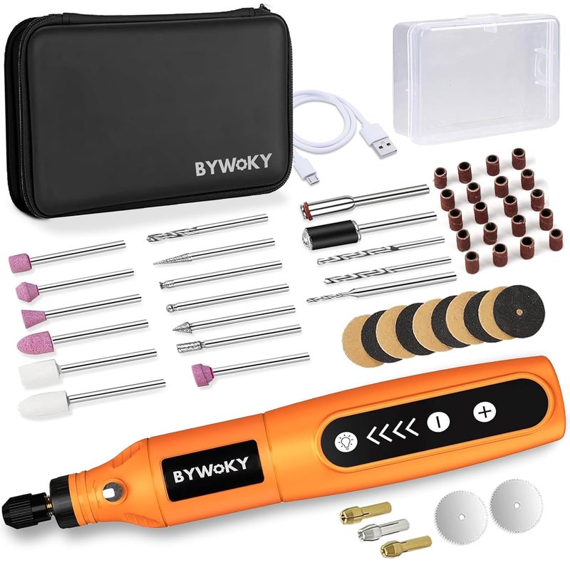 populo BYWOKY 55pcs Mini Drill Machine with 5 Speeds 2000 MAh Battery Front LED Lights Full Kit for Home Use Drilling Carving Engraving Sanding Polishing Orange - Image 1