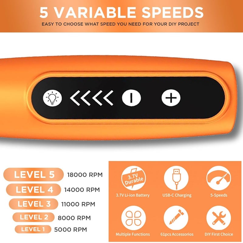 populo BYWOKY 55pcs Mini Drill Machine with 5 Speeds 2000 MAh Battery Front LED Lights Full Kit for Home Use Drilling Carving Engraving Sanding Polishing Orange - Image 5