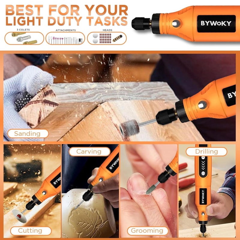 populo BYWOKY 55pcs Mini Drill Machine with 5 Speeds 2000 MAh Battery Front LED Lights Full Kit for Home Use Drilling Carving Engraving Sanding Polishing Orange - Image 2