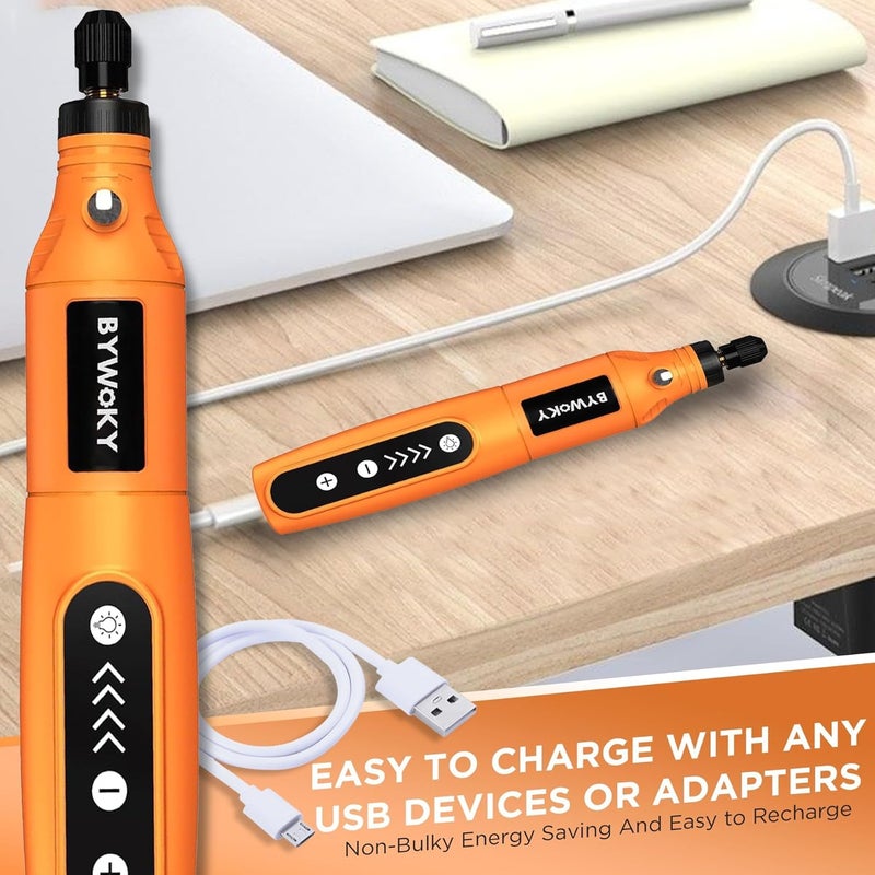 populo BYWOKY 55pcs Mini Drill Machine with 5 Speeds 2000 MAh Battery Front LED Lights Full Kit for Home Use Drilling Carving Engraving Sanding Polishing Orange - Image 3