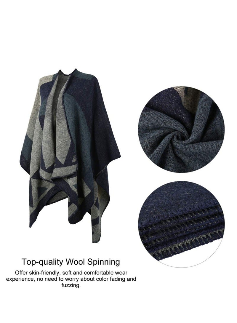 Y&D Winter Shawl Wraps Poncho Cape - Women’s Warm Open Front Printed Reversible Oversized Blanket Cardigan Fashionable Elegant Knitted Fall Wool Spinning Plaid Sweater Fleece Scarf Coat  - Image 4