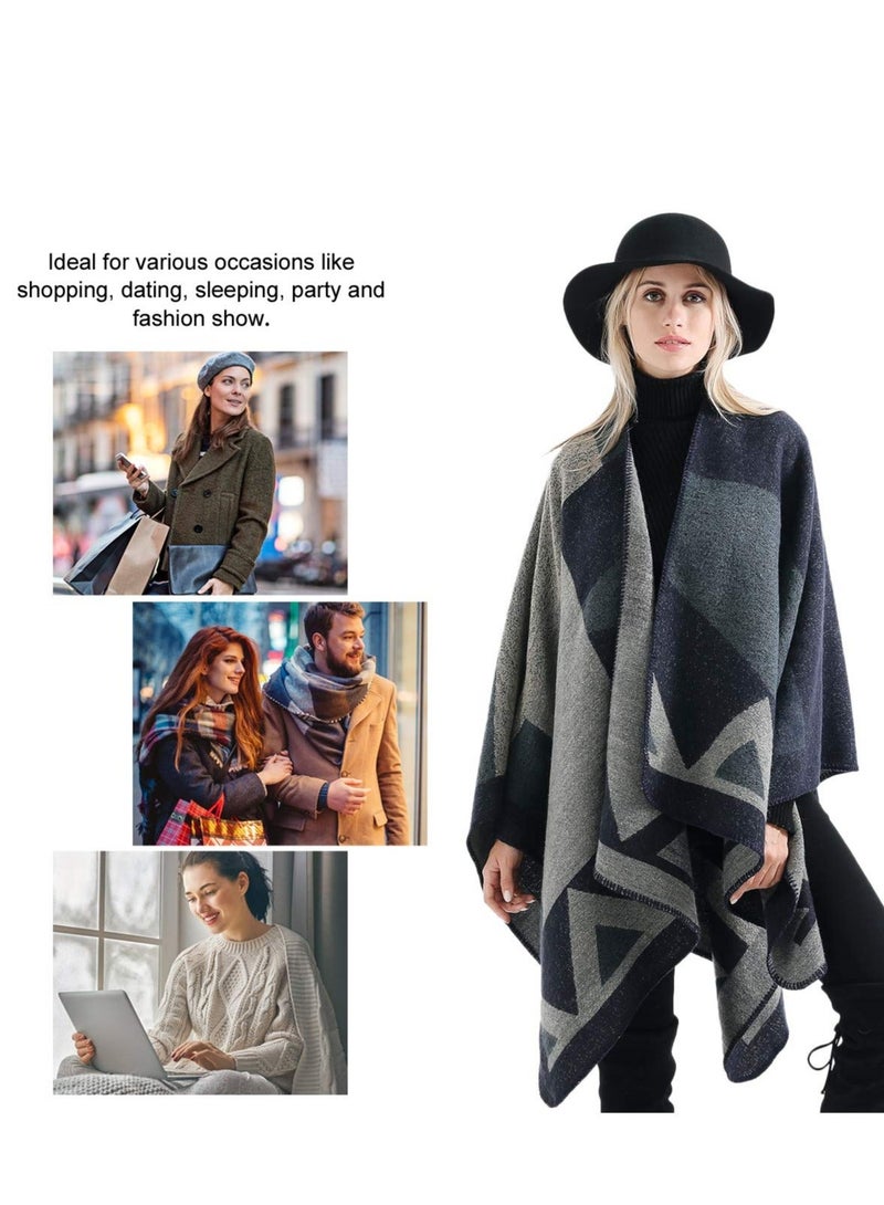 Y&D Winter Shawl Wraps Poncho Cape - Women’s Warm Open Front Printed Reversible Oversized Blanket Cardigan Fashionable Elegant Knitted Fall Wool Spinning Plaid Sweater Fleece Scarf Coat  - Image 3
