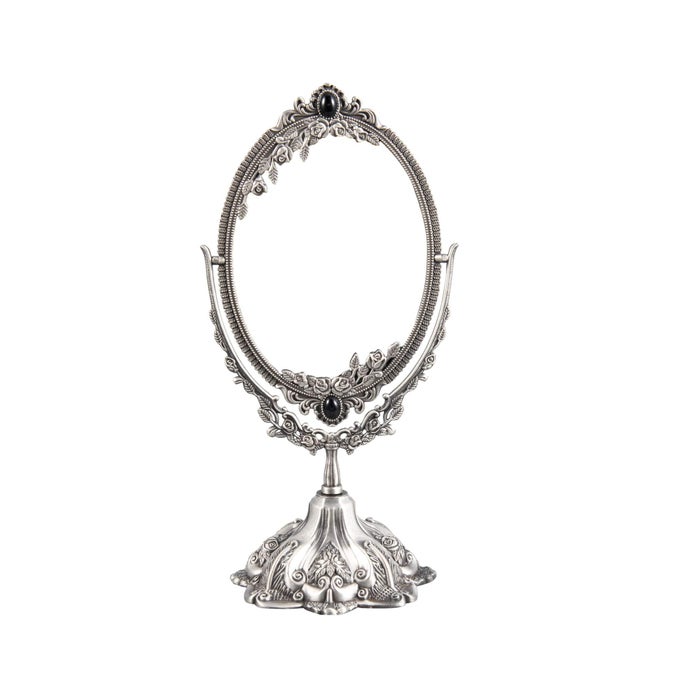 SMALL VINTAGE MAKEUP MIRROR FLORAL TABLETOP OVAL VANITY MIRROR WITH STAND DRESSING ROOM SWIVEL DOUBLE SIDED ELEGANT DECORATIVE MIRROR EMBOSSED FRAME PEWTER