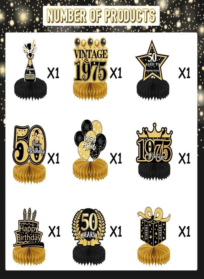 Refavor 9Pcs 50th Birthday Decorations - Black Gold 50th Birthday Party Decorations for Men Women Vintage Table Decor Supplies Honeycomb Centerpieces Happy 50 Years Birthday Decoration Decor - Image 2