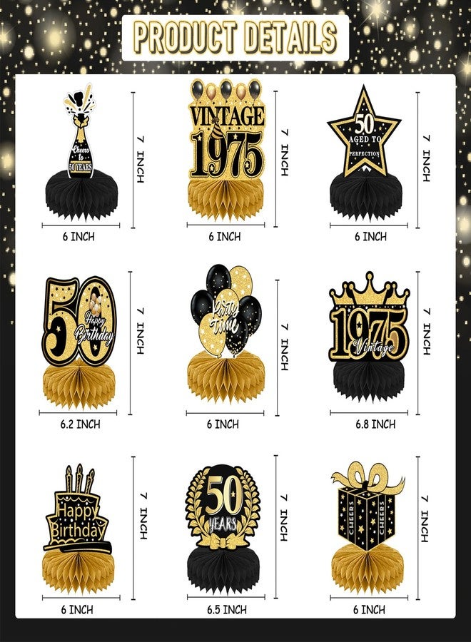 Refavor 9Pcs 50th Birthday Decorations - Black Gold 50th Birthday Party Decorations for Men Women Vintage Table Decor Supplies Honeycomb Centerpieces Happy 50 Years Birthday Decoration Decor - Image 3