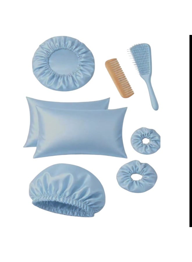 The hair care set consists of 2 pillows, 2 bonnets, 2 hair ties, 1 brush, and 1 natural wooden comb.
