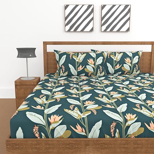 DECOREZA 350 TC Queen Size Elastic Fitted Bedsheet with Deep Pocket Cotton Feel Bed Sheet for Double Bed, Soft, Breathable & Wrinkle-Resistant, Includes 2 Pillow Covers, Size - 60"x78" Mineral Green - Image 2