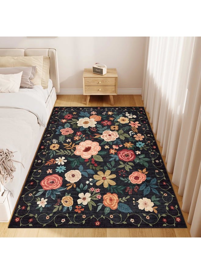 DUKINO 4x6 Feet Office Chair Mat, Lightweight Non Slip Washable Floral Area Rug, Indoor Low Pile & Non-Shedding Boho Design Rugs for Bedroom, Living Room, Dining Room, Black - Image 3