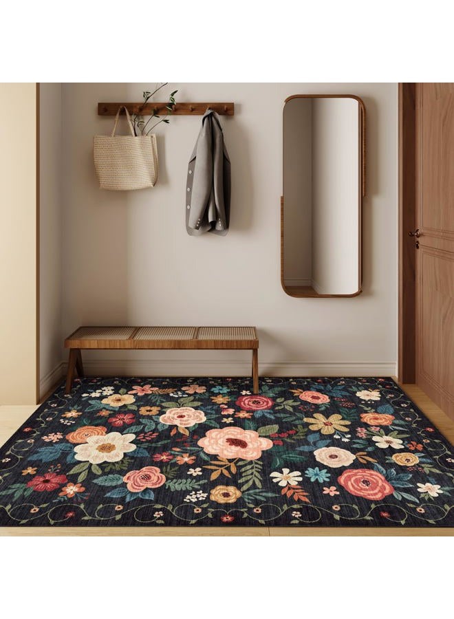 DUKINO 4x6 Feet Office Chair Mat, Lightweight Non Slip Washable Floral Area Rug, Indoor Low Pile & Non-Shedding Boho Design Rugs for Bedroom, Living Room, Dining Room, Black - Image 2