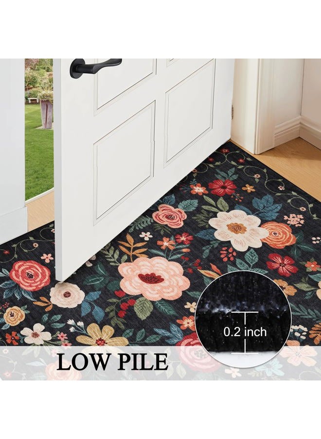 DUKINO 4x6 Feet Office Chair Mat, Lightweight Non Slip Washable Floral Area Rug, Indoor Low Pile & Non-Shedding Boho Design Rugs for Bedroom, Living Room, Dining Room, Black - Image 5