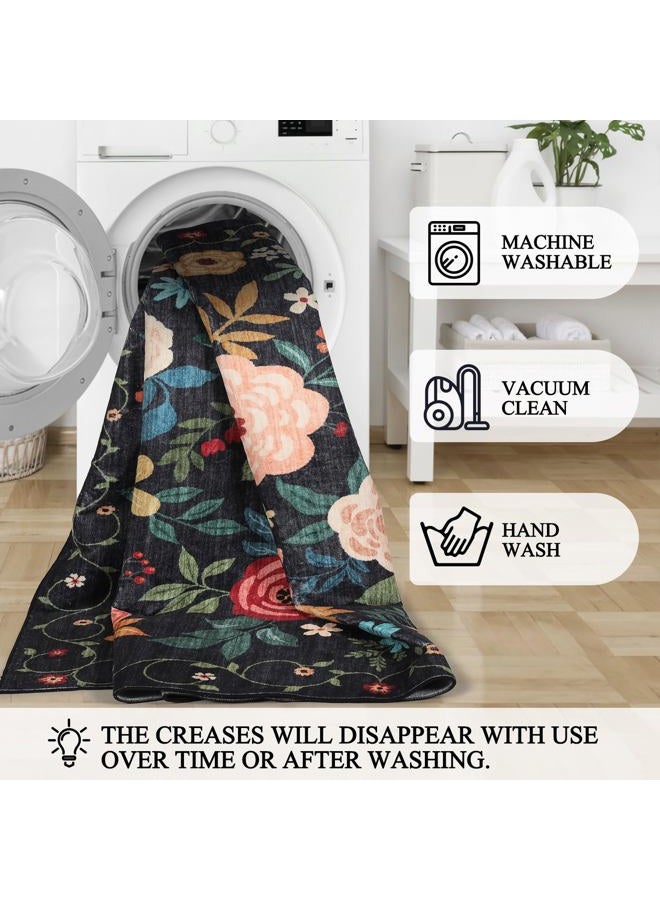 DUKINO 4x6 Feet Office Chair Mat, Lightweight Non Slip Washable Floral Area Rug, Indoor Low Pile & Non-Shedding Boho Design Rugs for Bedroom, Living Room, Dining Room, Black - Image 4