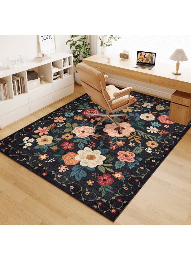 DUKINO 4x6 Feet Office Chair Mat, Lightweight Non Slip Washable Floral Area Rug, Indoor Low Pile & Non-Shedding Boho Design Rugs for Bedroom, Living Room, Dining Room, Black - Image 1