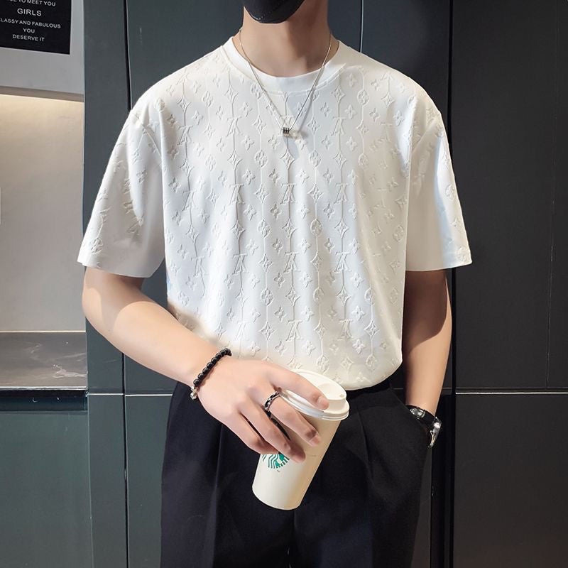 2024 Men'S Original Crewneck Knitted Ice Silk Short-Sleeved Slim-Fit Fashion Simple Jacquard Stitching T-Shirt - Image 2
