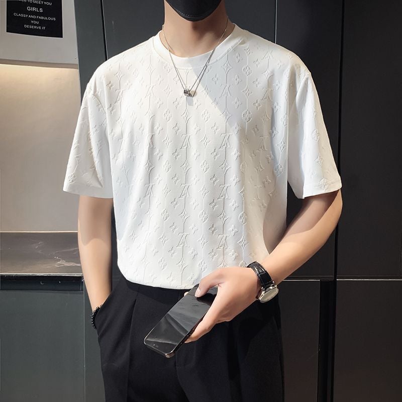 2024 Men'S Original Crewneck Knitted Ice Silk Short-Sleeved Slim-Fit Fashion Simple Jacquard Stitching T-Shirt - Image 5