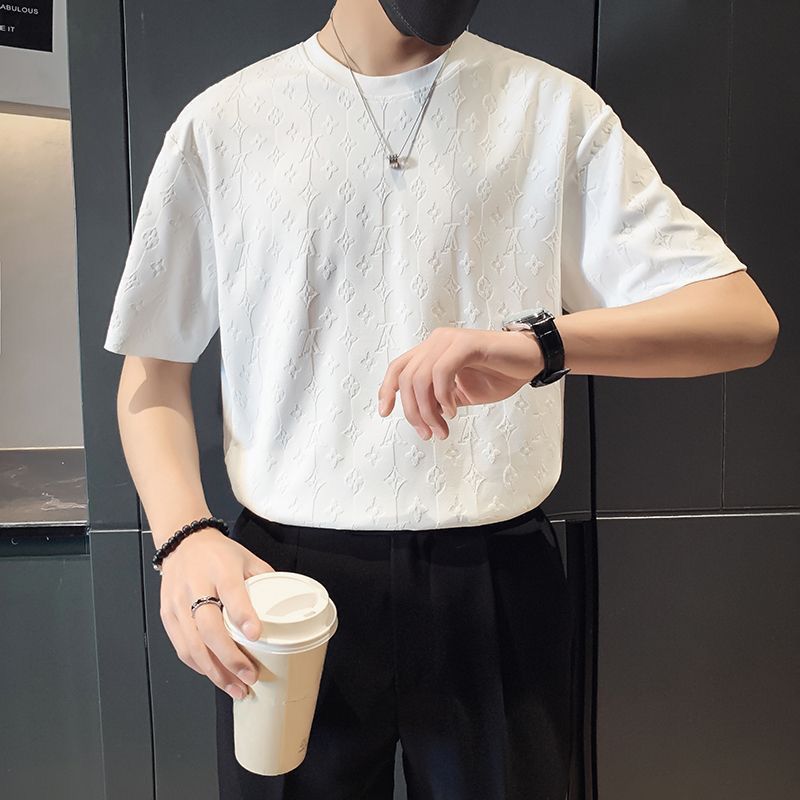2024 Men'S Original Crewneck Knitted Ice Silk Short-Sleeved Slim-Fit Fashion Simple Jacquard Stitching T-Shirt - Image 3
