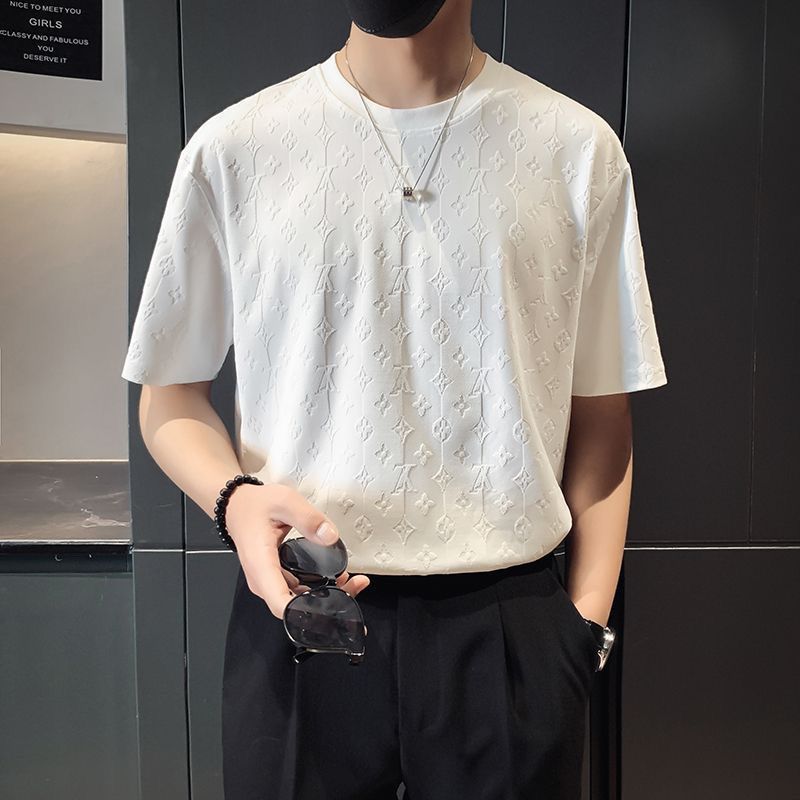 2024 Men'S Original Crewneck Knitted Ice Silk Short-Sleeved Slim-Fit Fashion Simple Jacquard Stitching T-Shirt - Image 4