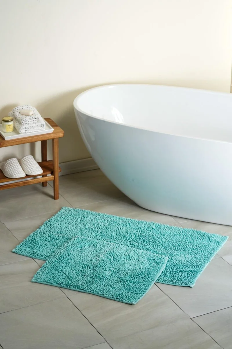 Bluenity Langkawi Natural Cotton 2-Piece Bath Mat Set 60X100+50X60 cm - Turquoise Blue