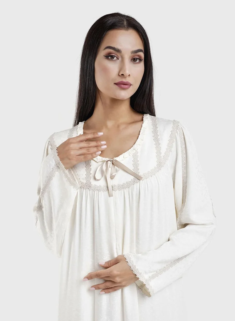 كشخة Light Beige Viscose Jacquard Floral Print Nightwear (CNH459)