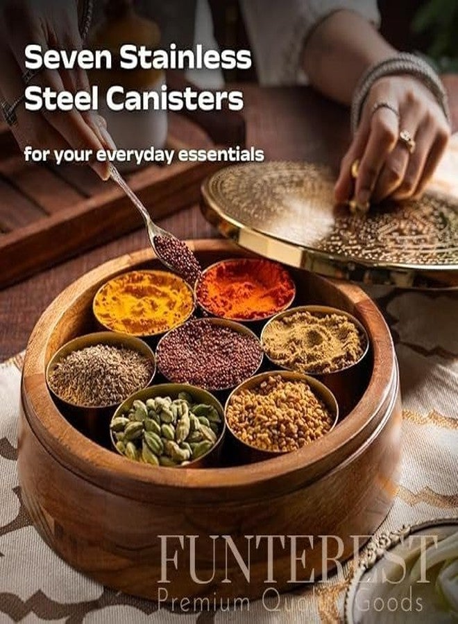 FUNTEREST Wooden Masala Box with Lid & Spoon | (Masala Dabba 120 Ml, 7 Bowls) | Handcrafted Kitchen Organizer for Spices | Spice Storage Container for Indian Kitchen| Gift for Mother & Girah Pravesh - Image 2