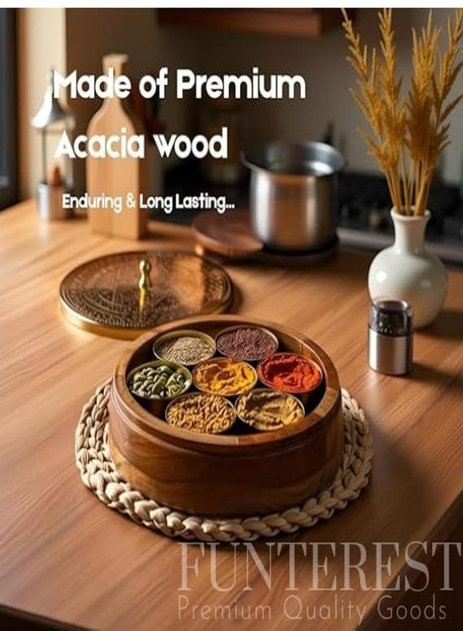 FUNTEREST Wooden Masala Box with Lid & Spoon | (Masala Dabba 120 Ml, 7 Bowls) | Handcrafted Kitchen Organizer for Spices | Spice Storage Container for Indian Kitchen| Gift for Mother & Girah Pravesh - Image 5