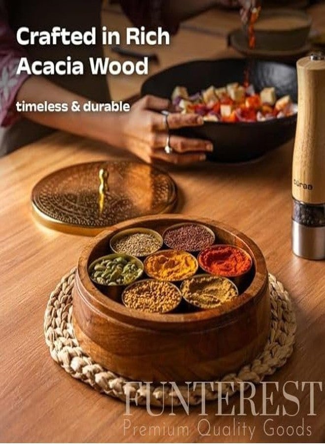FUNTEREST Wooden Masala Box with Lid & Spoon | (Masala Dabba 120 Ml, 7 Bowls) | Handcrafted Kitchen Organizer for Spices | Spice Storage Container for Indian Kitchen| Gift for Mother & Girah Pravesh - Image 3