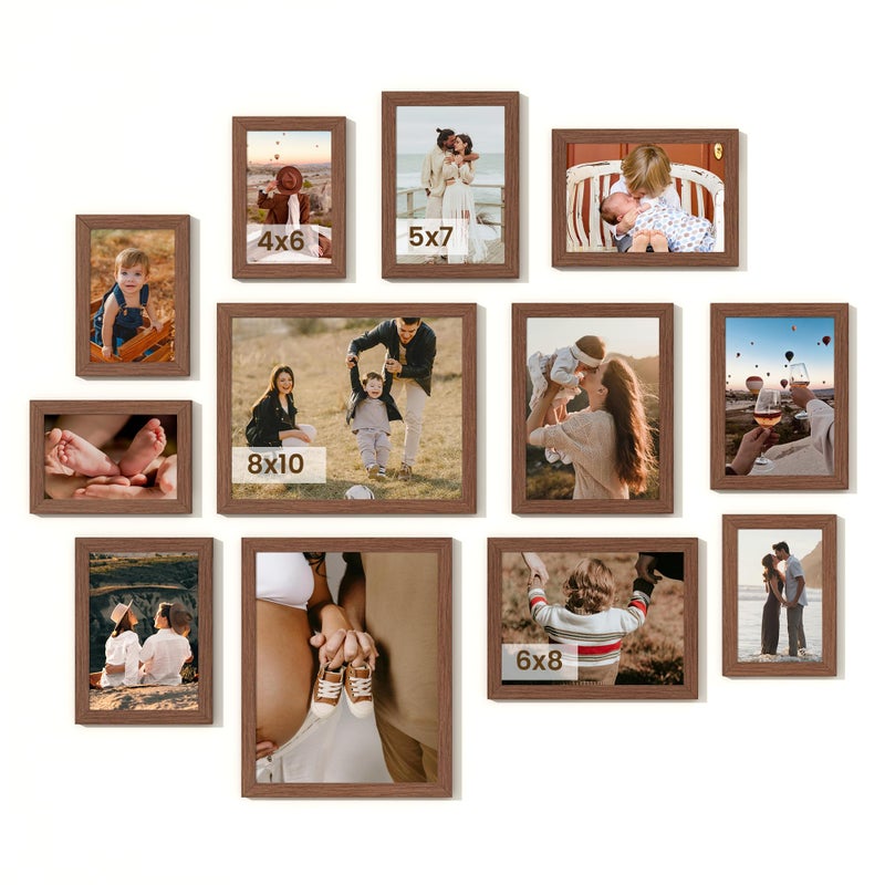 Heimlove مجموعة إطارات صور مجمعة من خشب الجوز من هايملوف، 12 إطارًا: اثنان مقاس 8×10، اثنان مقاس 6×8، أربعة مقاس 5×7، وأربعة مقاس 4×6. مجموعة إطارات جدارية للعرض على الحائط أو على سطح الطاولة. - Image 1