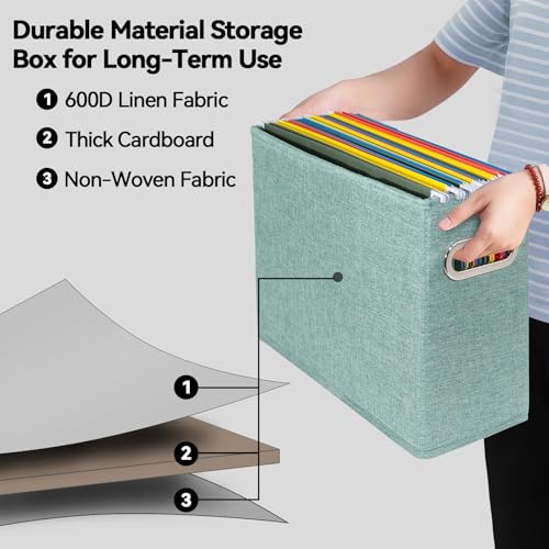 ComfortKeeper 4 Pack Letter Size File Storage Box Collapsible, Fabric Hanging File Folders Organizer, Portable Office Document Holder with Metal Handle, Smooth PVC Rails, Green - Image 3