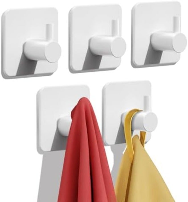 Auxmir Adhesive Hooks Heavy Duty 22lb(Max) Towel Hooks for Shower, 5 Pack Self Adhesive Damage Free Wall Hooks, Stainless Steel for Coat Robe, Waterproof Oilproof Rustproof for Bathroom Kitchen Office - Image 1