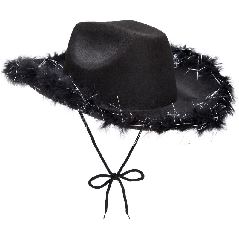 Juvolicious Black Cowgirl Hat Medium Adjustable Sparkly Feathered Costume Cowboy Hat for Women Men Western Party Accessory - Image 2