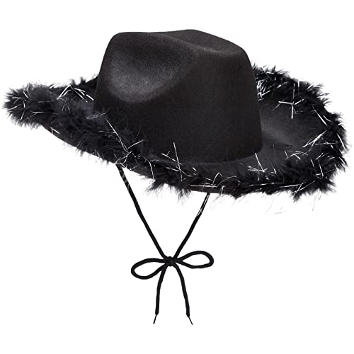 Juvolicious Black Cowgirl Hat Medium Adjustable Sparkly Feathered Costume Cowboy Hat for Women Men Western Party Accessory - Image 1